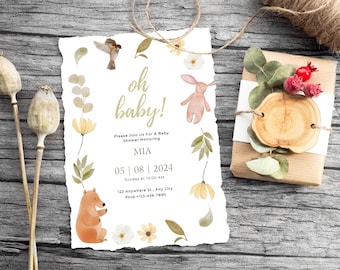 Baby Shower Invitation Template, We Can Bearly Wait, Gender Neutral Baby Bear and Rabbit Invite, Printable Brown Shower Invite, Editable