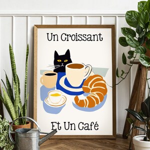 French Cafe Croissant Cat Print, Retro Drink Poster, Bistro Coffee Posters, Un Cafe Sil Vous Plait, Kitchen Decor, Unique Posters,