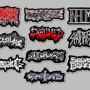 May include: A collection of ten die-cut stickers featuring various band logos in black, white, and red. The designs include text such as Prostitute Disfigurement, Inhume, Arcesilaus, Exhumed, Spreader, Impaled, and Squash Bowels, rendered in jagged, distorted, and dripping lettering styles.