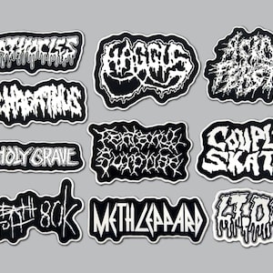 May include: A collection of eleven black and white rectangular and irregular shaped stickers featuring band names in stylized, dripping, or jagged fonts including Agathocles, Haggus, Acid Feast, Archagathus, Unholy Grave, Fentanyl Surprise, Couple Skate, Death 80k, Meth Leppard, and Lt. Dan.