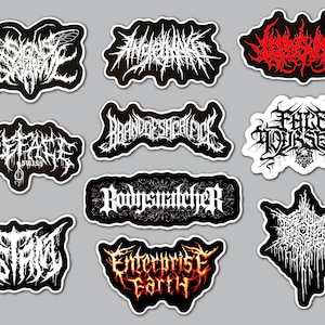 May include: A collection of ten die-cut stickers featuring various band logos in black, white, and red. The designs include text such as Signs of the Swarm, Angelmaker, Paleface, Brand of Sacrifice, Bodysnatcher, Distant, Enterprise Earth, and others.