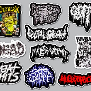 May include: A collection of ten die-cut stickers featuring various band logos and graphic illustrations in black, white, yellow, blue, and red. The designs include text such as Gutalax, Rectal Smegma, Dead, Meat Shits, and Cock and Ball Torture.