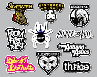 May include: A collection of ten die-cut stickers featuring band logos and graphics including Silverstein, Hawthorne Heights, Senses Fail, From First to Last, Saosin with a beetle, Pierce the Veil, From Autumn to Ashes, Blood Brothers, Alexisonfire, and Thrice.