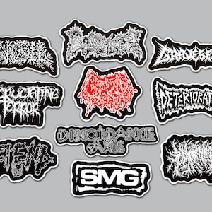 May include: A collection of ten die-cut stickers featuring various band logos in black and white, with one central logo in red. The designs include text such as Knoll, Gravesend, Excruciating Terror, Deterioration, Fiend, Discordance Axis, and SMG.