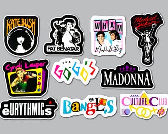 May include: A collection of ten die-cut vinyl stickers featuring 1980s musical artists and bands including Kate Bush, Pat Benatar, Wham, Michael Jackson, Cyndi Lauper, The Go-Go's, Madonna, Eurythmics, The Bangles, and Culture Club with colorful graphics.