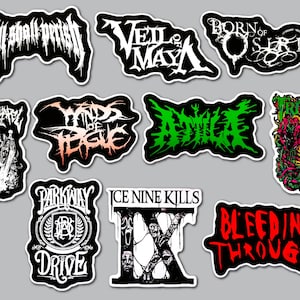 May include: A collection of eleven die-cut vinyl stickers featuring band logos and graphic illustrations for All Shall Perish, Veil of Maya, Born of Osiris, Whitechapel, Winds of Plague, Attila, Trivium, Parkway Drive, Ice Nine Kills, and Bleeding Through.