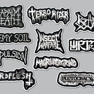 May include: A collection of ten black and white stickers featuring band logos including Napalm Death, Terrorizer, Rotten Sound, Enemy Soil, Insect Warfare, Repulsion, Magrudergrind, Birdflesh, Plutocracy, and one with stylized white text on black.
