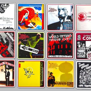May include: A collection of twelve square stickers with various designs and text. The stickers feature illustrations of people, objects, and text, including the words "World/Inferno Friendship Society" and "Turnstile Comix". The color palette includes red, black, yellow, and white.