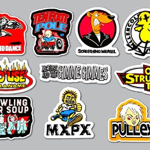 May include: A collection of ten die-cut vinyl stickers featuring various punk rock band logos and illustrations, including Good Riddance, Ten Foot Pole, Screeching Weasel, Millencolin, No Use For A Name, Me First And The Gimme Gimmes, Strung Out, Bowling For Soup, MxPx, and Pulley.