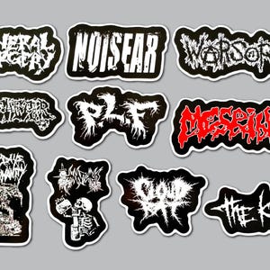 May include: A collection of ten die-cut stickers featuring various band logos and graphic illustrations in black, white, and red. The designs include text such as General Surgery, Noisear, Warsore, PLF, Mesrine, Last Days of Humanity, and The Kill.