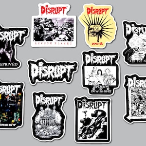 May include: A collection of ten die-cut vinyl stickers featuring the band name Disrupt in various stylized fonts. The designs include black and white illustrations, graphic art, and text such as Refuse Planet, Demo 88, Rid the Cancer, and Unrest.