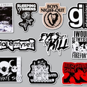 May include: A collection of ten die-cut vinyl stickers featuring various band logos and graphic designs in black, white, and red. The stickers include text such as Loma Prieta, Sleeping With Sirens, Boys Night Out, Glassjaw, I Hate Myself, Eyes Set To Kill, I Would Set Myself On Fire For You, I Hate Sex, and Merchant Ships.