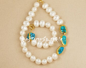 Pearl Shell Turquoise Necklace Set, White Egg Pearl Gemstone Gold Plated Necklaces Bracelet, Elegant Women's Sets