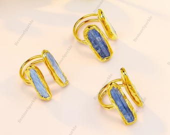 Handmade Gold Plated Blue Kyanite Crystal Ring - Adjustable Open Design