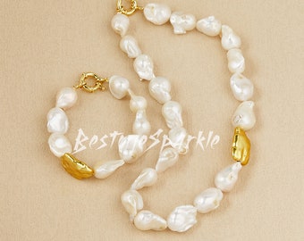 White Baroque Pearl Statement Necklace Set, Large High Luster Gold Baroque Pearl Choker Bracelet, Jewelry Sets