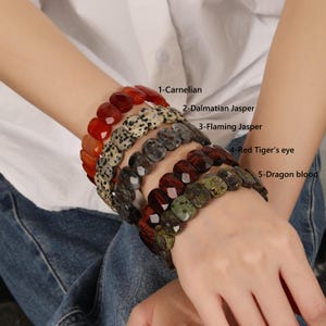Könnte beinhalten: Fünf Edelsteinarmbänder werden gezeigt, jedes mit einer einzigartigen Farbe und einem einzigartigen Muster. Die Armbänder umfassen Karneol, Dalmatiner-Jaspis, Flaming-Jaspis, Rotes Tigerauge und Drachenblut. Die Armbänder werden am Handgelenk getragen.