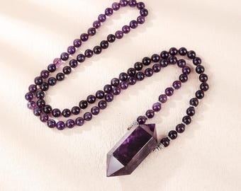 Amethyst 108 Mala Beads Necklace 8mm, Hand Knotted Meditation Mala Necklace with Healing Crystal Point Pendant, Yoga Spiritual Jewelry