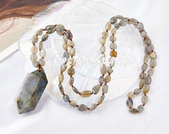 Labradorite Crystal Point Necklace: Mala Bead Knotted Gemstone, 32 Inch