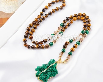 Natural Malachite Pendant Necklace, Hand-made Tiger eye Gem Stone Knotted Necklaces, Crystal Jewelry Gift For Women/Men