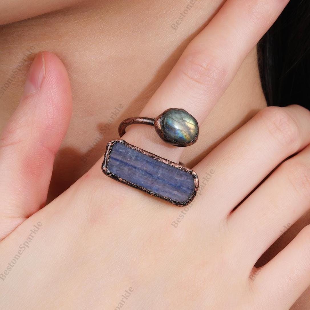 Kyanit Labradorit Kupfer Ringe, AAA Crystal Blue Kyanit Statement Boho Ringe, Yoga Meditation Edelstein Geschenke