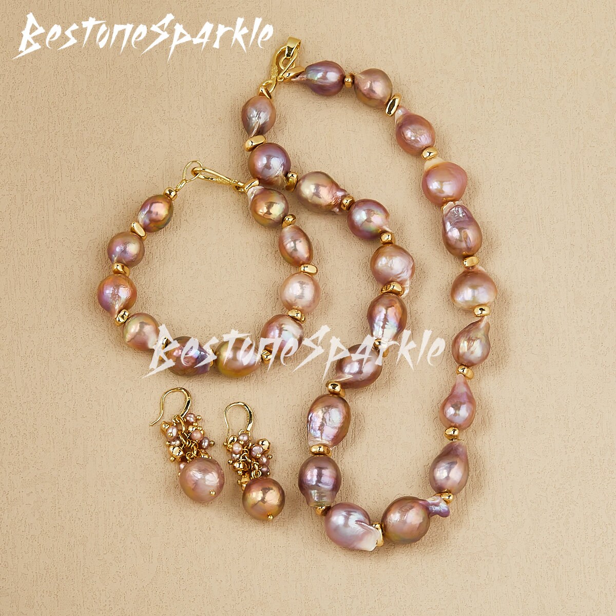 Purple Large Baroque Pearl Necklace Set, Extremely Beautiful Pearl Necklaces Bracelet Earrings, Engagement Gifts