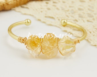 Raw Gemstone Citrine Bangle, Yellow Quartz Open Adjustable Gold Plated Bracelet, Handmade Twine Crystal Beads Prayer Jewelry