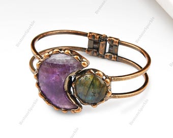 Amethyst Moon Crystal Labradorite Bracelet, Handmade Spring Buckle Copper Cuff Bangle, Vintage Welded Electroplated Quartz Bracelets