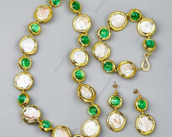 Coin Pearl Green Glaze Necklace Set, Natural White Pearl Bracelet Earrings Necklaces Gift For Her, Retro Luxury Fashion Pearl Jewelry