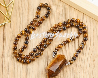 Tigers eye Beads Knotted Mala Necklace, Crystal Healing Double Terminated Point Pendant, Handmade Tiger eye Stone Yoga Gift For Him/Her