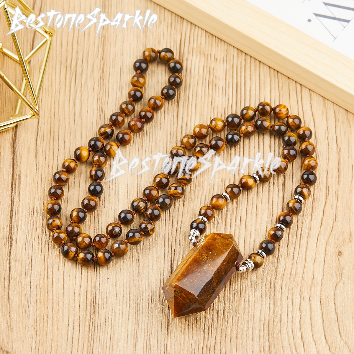 Handmade Tiger Eye Beaded Mala Necklace: Crystal Point Pendant