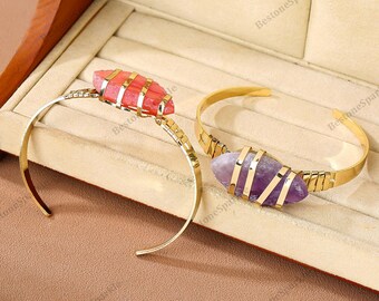 Raw Stone Bracelet with Gold Wire Wrap, Boho Healing Crystal Cuff Bangle, Adjustable Gemstone Jewelry, Amethyst, Rose Quartz, Citrine