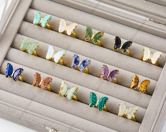 Natürliche Kristall Schmetterling Flügel Ringe, Tigerauge / Malachit überzogen 18k Gold Farbe Ring, Bunte Statement Schmuck für Frauen
