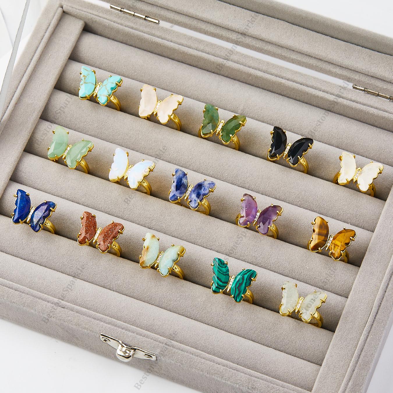 Crystal Butterfly Wing Ring: Tiger Eye, Malachite, & More