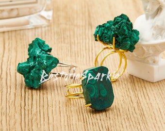 Natuurlijke onregelmatige ruwe malachiet chrysocolla-ring, zilver/goud verstelbare ringen paar, jubileum kristalsteen sieraden cadeaus voor haar/hem