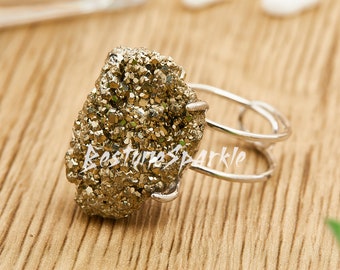 Natuurlijke kristalsteen Spanje Peru ijzeren pyrietring, zilver goud wrap onregelmatige ruwe vierkante pyrietringen, verstelbare ring paar sieraden cadeau