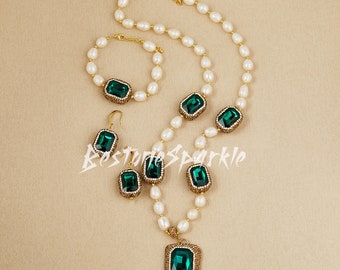 Freshwater Pearl Green Glaze Necklace Set, Vintage Style Emerald Rhinestone Necklaces Bracelet And Earring, Jewelry Sets