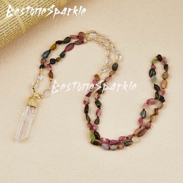 Handmade Tourmaline Long Necklace, Clear Quartz Chip Beads Crystal Point Necklaces, Raw White Quartz Prayer Jewelry Gifts