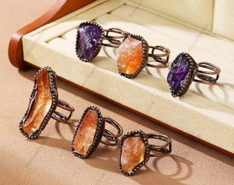 Raw Citrine Amethyst Ring: Vintage Adjustable Energy Stone Jewelry