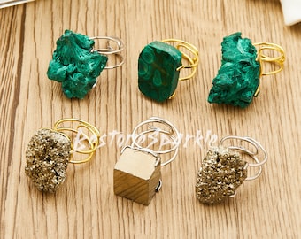 Natürliche Kristall Mineral Edelstein Ringe, Healing Crystal Rohstein Malachit Eisen Pyrit Einzigartige Ringe Modeschmuck Birthstone Geschenk