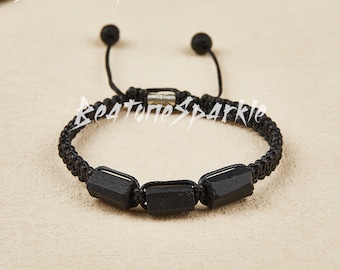 Roher schwarzer Turmalin Armband: Schutz Kristall Lavastein Schmuck verstellbar