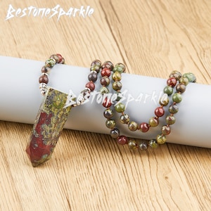 Dainty Dragon Blood Jasper Necklace, Crystal Healing Bloodstone Round Beads Knotted Mala Point Pendant, Witchy Energy Jewellery Gift For Him