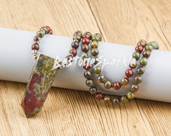 Dainty Dragon Blood Jasper Necklace, Crystal Healing Bloodstone Round Beads Knotted Mala Point Pendant, Witchy Energy Jewellery Gift For Him