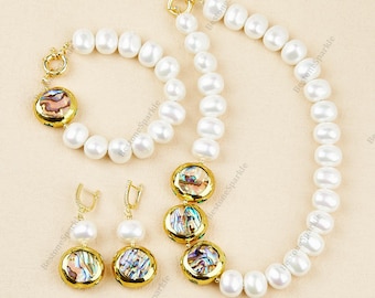 White Pearl Shell Necklace Set, Natural Egg Pearl Abalone Shell Gold Plated Necklaces Bracelet Earrings, Luxury Women's Wedding Sets Gift