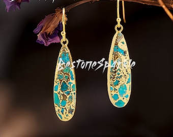 Gold Line Turquoise Drop Earrings: Bohemian Healing Crystal Jewelry
