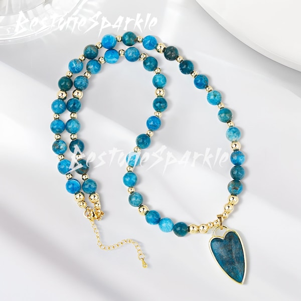 Blue Apatite Heart Shape Necklace, Open Adjustable Blue Crystal Gold-Plated Beads Pendant, Witch Power Crystal Charms Jewelry For Birthstone