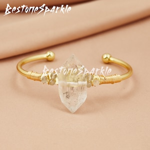 Herkimer Diamond Quartz Bangle, Raw Diamond Crystal Statement Gold Bracelet, Healing Amplifier Gemstone Gifts For Valentine's Day