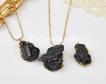Zwarte toermalijn hanger ketting, EMV Empath Crystal oktober geboortesteen 24-karaats roestvrijstalen gouden kettingen, spiritueel cadeau