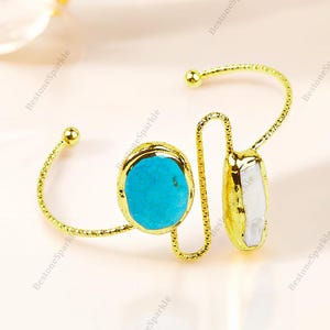 Bracelet manchette en perles turquoises courbes, bracelet réglable en cristal ovale à facettes pour femme, cadeaux bijoux en perles blanches minimalisme moderne