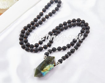 32 Inch Natural Flash Labradorite stone Double Point Pendant, 8mm Black Lava Beads Knotted Necklace, Boho Style Yoga Jewelry For Men