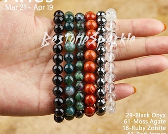 Aries Zodiac Crystal Bracelet Set: Handmade Healing Birthstone Beaded Stretch Bracelets, Birthday Gift, 6Pcs 8mm
